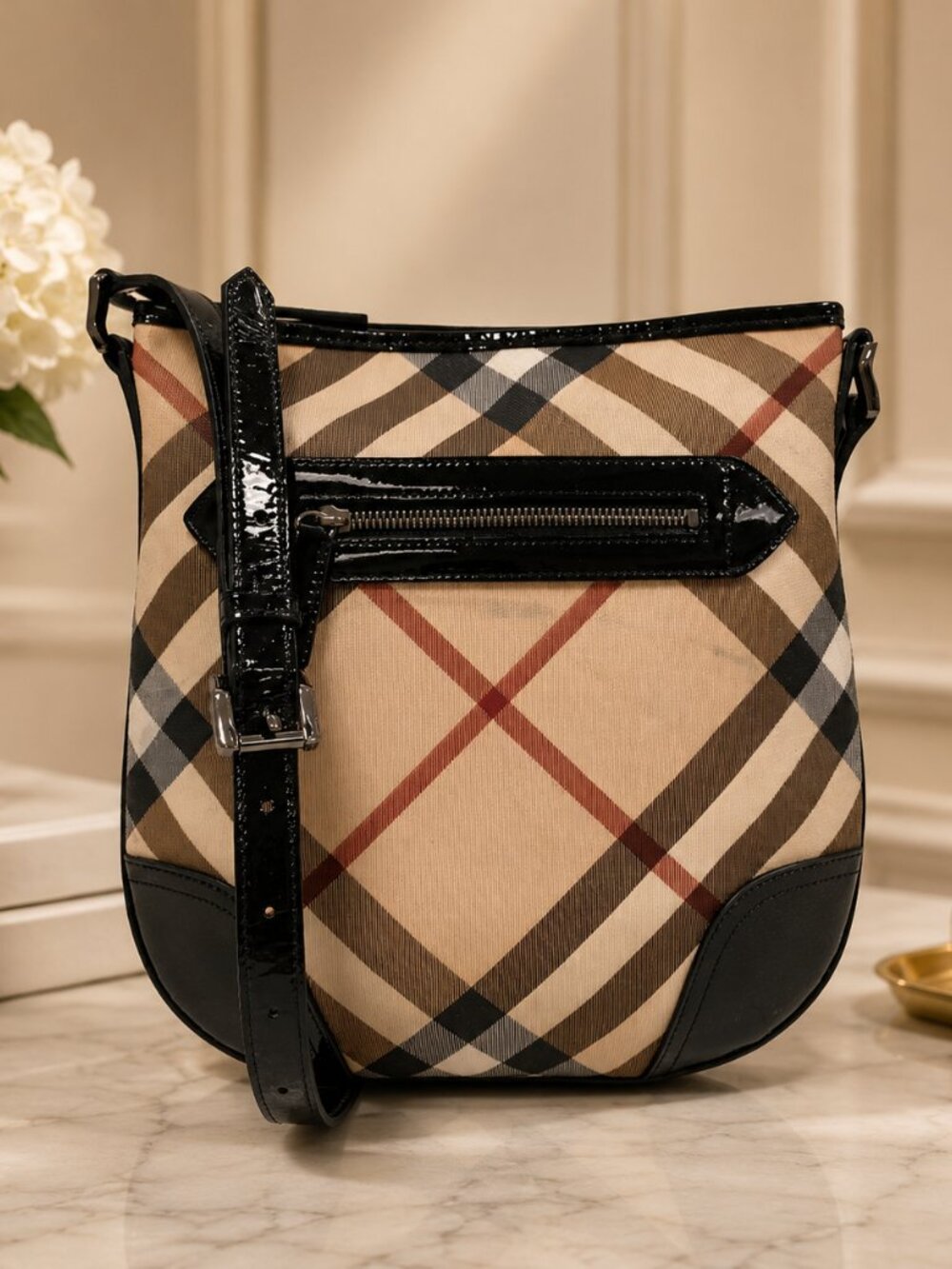 Burberry Nova Check Dryden Crossbody Bag Black Patent Trim Coated Canvas